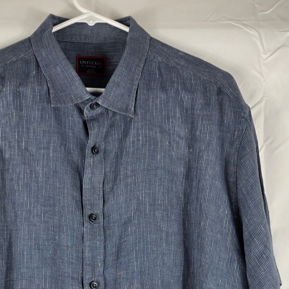 UNTUCKit Mens XXL Blue White Pinstripe Linen Short Sleeve Camp Button Down Shirt